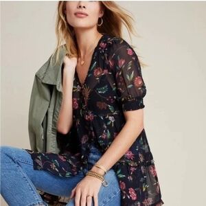By Anthropologie Salzburg Sheer Tunic Blouse Top Navy Floral S